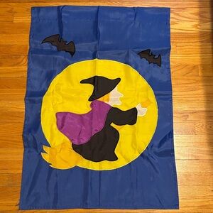 Vintage Halloween House Flag with a Spooky Witch Flying on a Broom 90s Nylon